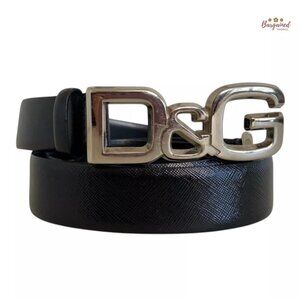 Authentic Dolce & Gabbana Black Patent Leather Silver D&G Buckle Belt Size 90/36